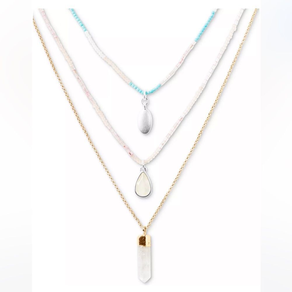 NWT LUCKY BRAND Two-Tone Beaded Layered Pendant Necklace, 16"+ 2" extender